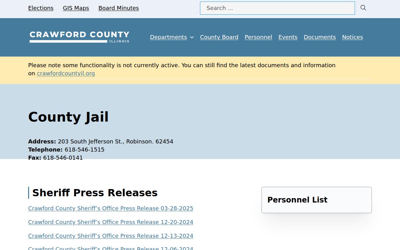 Crawford County arrest search jail page with unfinished roster link