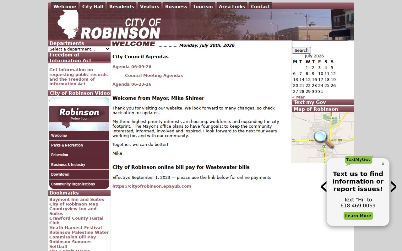 Official City of Robinson homepage and city hall context