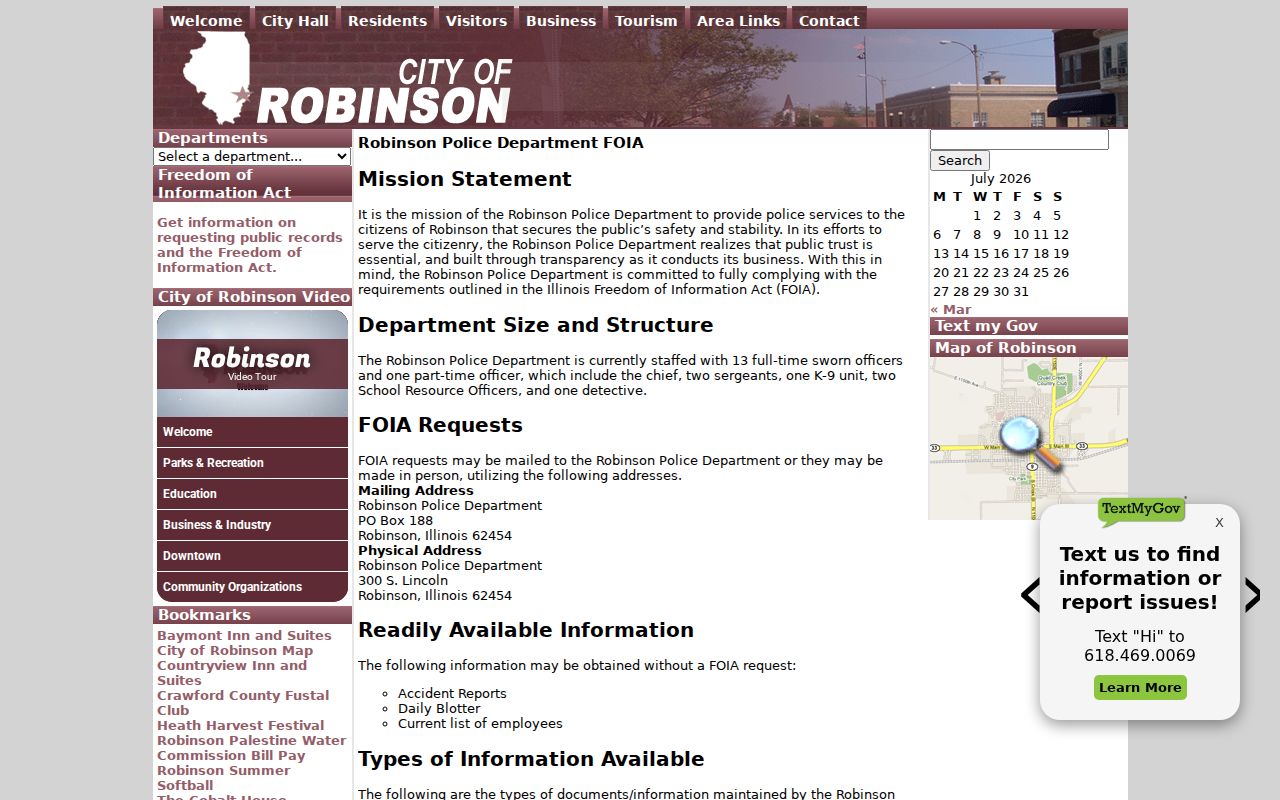 Robinson Police FOIA records catalog and contacts