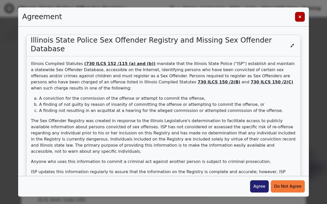 Illinois State Police sex offender registry disclaimer and warning